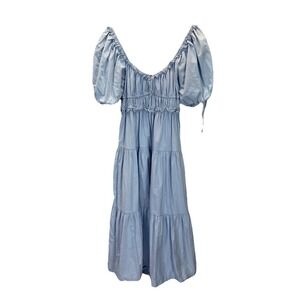 En Saison Light Blue Off Shoulder Tiered Baby Doll MIDI Dress Size M Ruffled